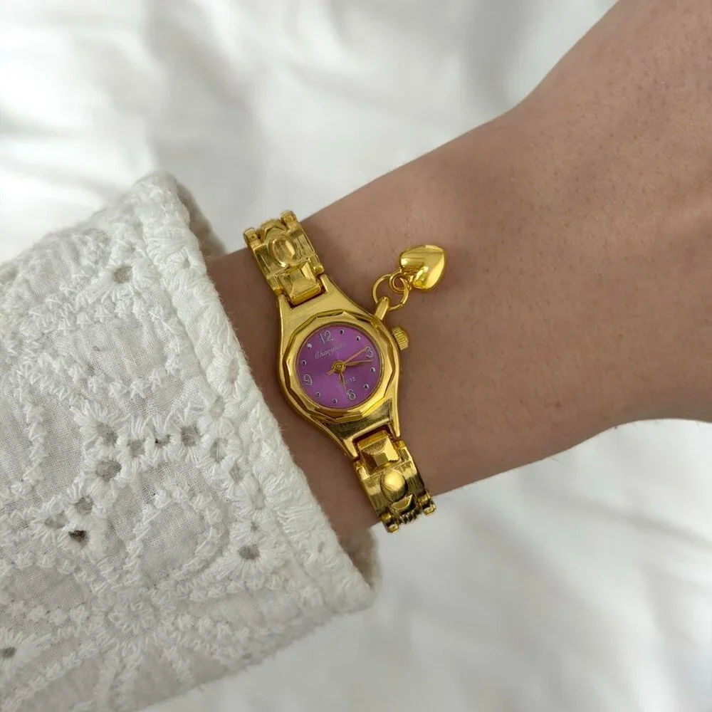 Sku:0480 vintage vibe Gold/Purple Mini watch‎ pendant Stainless steel+gift bag